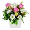 Sweet Daisy - roses, carnations and lilies flower arrangement in small white box.
